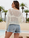 Fringe Trim Openwork Long Sleeve Cover-Up