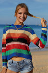 Rainbow Stripe Openwork Long Sleeve Cover-Up